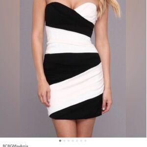 BCBGMaxAzria Strapless Black and White Diagonal Colorblock Mini Dress